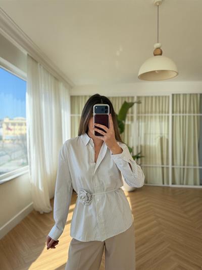 Gül İp Bağlamalı Yeşil Çizgili Gömlek 