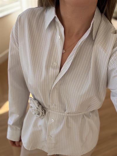 Gül İp Bağlamalı Yeşil Çizgili Gömlek 