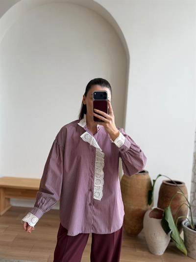 Güpürlü Çizgili Bordo Gömlek