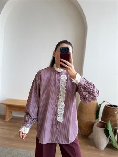 Güpürlü Çizgili Bordo Gömlek