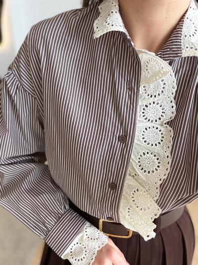 Güpürlü Çizgili Kahverengi Gömlek