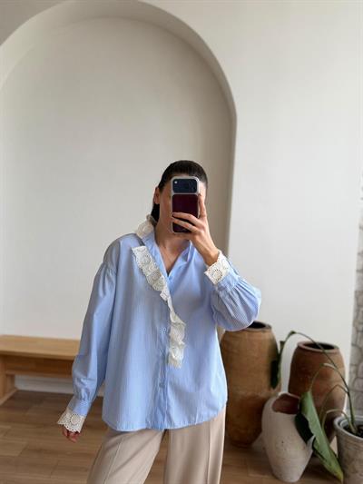 Güpürlü Çizgili Mavi Gömlek