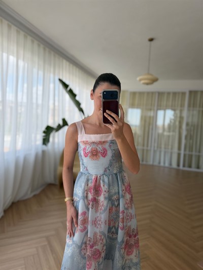 Helen  Kalın Askılı Desenli Mavi Elbise 