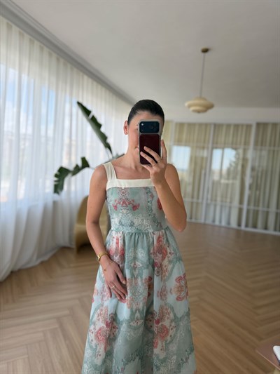 Helen  Kalın Askılı Desenli Yeşil Elbise 
