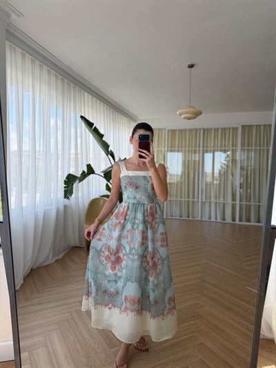 Helen  Kalın Askılı Desenli Yeşil Elbise 