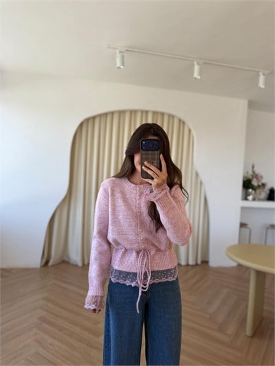 İnci Düğmeli Dantelli Pembe Hırka