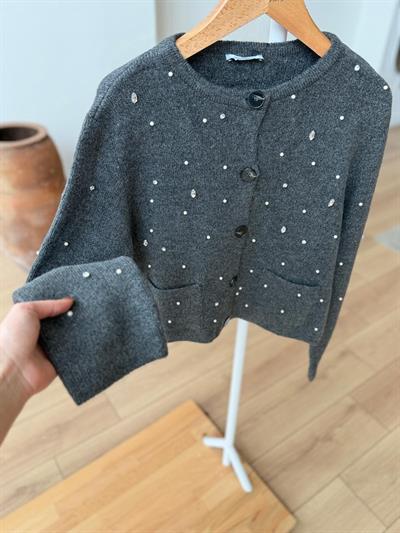 İncili Taşlı Antrasit Hırka