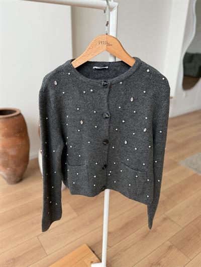 İncili Taşlı Antrasit Hırka