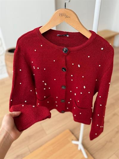 İncili Taşlı Bordo Hırka