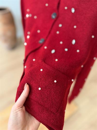 İncili Taşlı Bordo Hırka