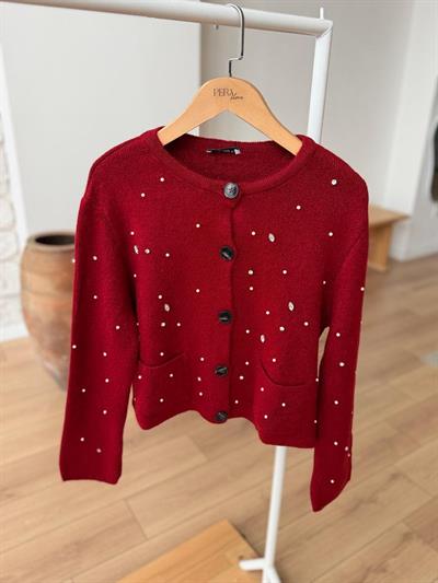 İncili Taşlı Bordo Hırka