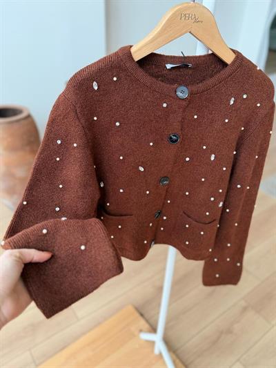 İncili Taşlı Mocha Hırka