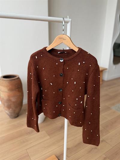 İncili Taşlı Mocha Hırka