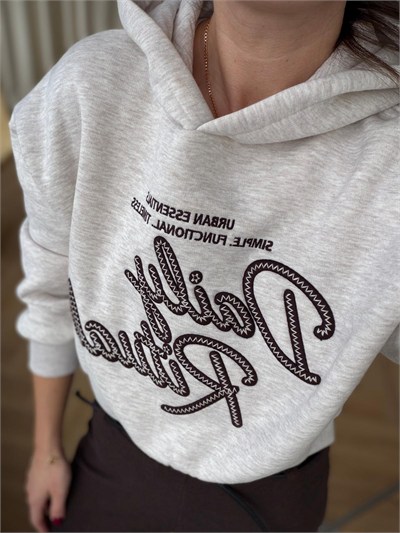 Kabartma Nakış Detaylı Kapüşonlu Sweatshirt -Bej