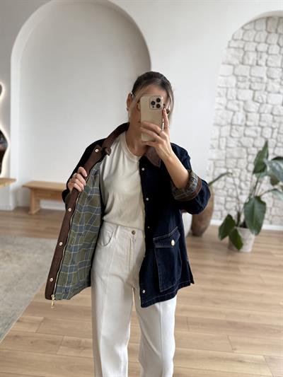 Kadife Yakalı Ekose Astarlı Koyu Mavi Denim Ceket