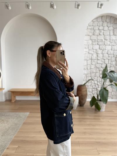 Kadife Yakalı Ekose Astarlı Koyu Mavi Denim Ceket