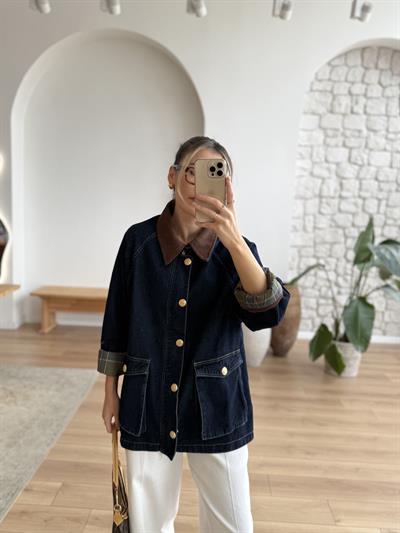 Kadife Yakalı Ekose Astarlı Koyu Mavi Denim Ceket