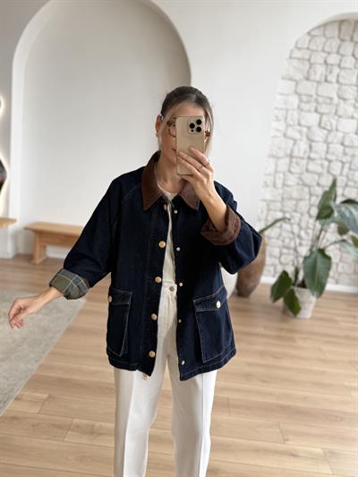 Kadife Yakalı Ekose Astarlı Koyu Mavi Denim Ceket