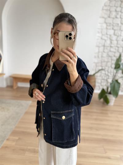 Kadife Yakalı Ekose Astarlı Koyu Mavi Denim Ceket