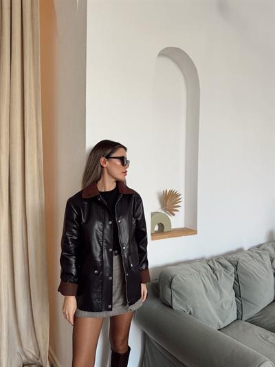 Kadife Yakalı Siyah Deri Ceket