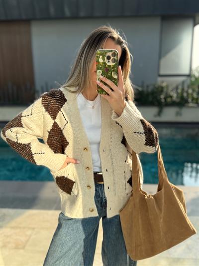 Kahverengi Baklava Desen Hırka