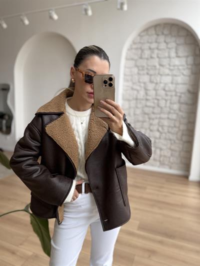 Kahverengi İçi Peluş Nubuk Mont