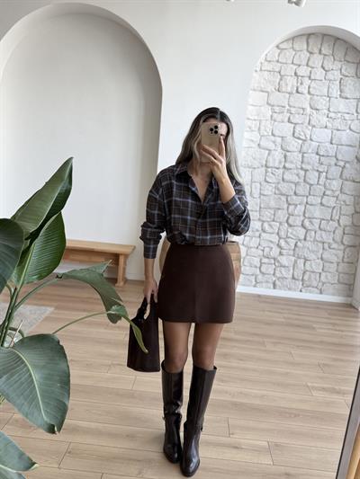 Kahverengi Kaşe Mini Etek