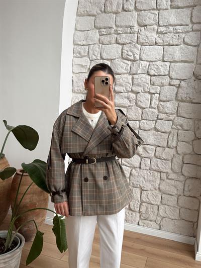 Kahverengi Kemerli Ekose Kısa Trençkot