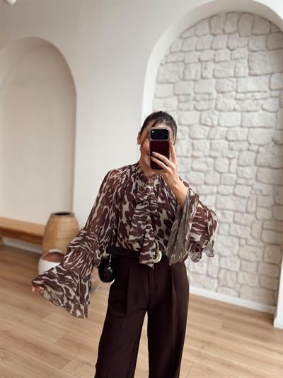 Kahverengi Leopar Desenli Şifon Bluz