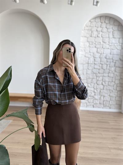 Kahverengi Mavi Ekose Desen Gömlek