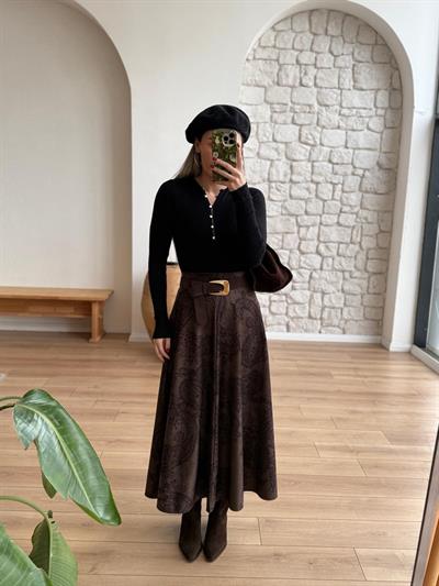 Kahverengi Şal Desen Süet Etek