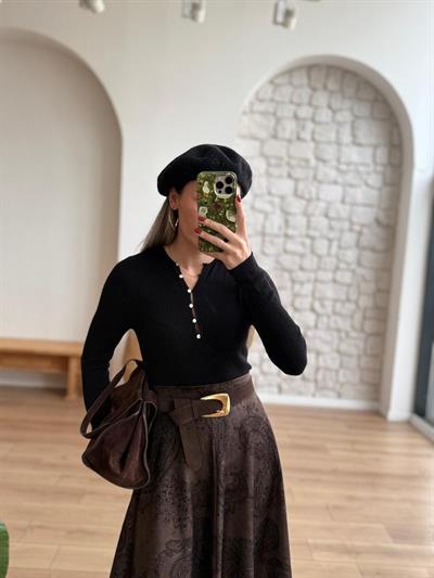 Kahverengi Şal Desen Süet Etek