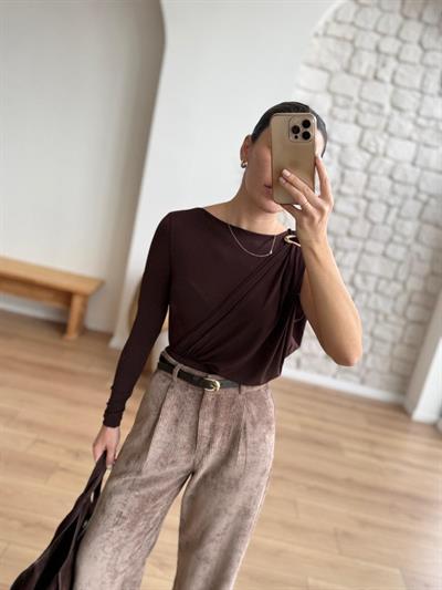 Kahverengi Tek Omuz Bodysuit