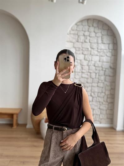 Kahverengi Tek Omuz Bodysuit