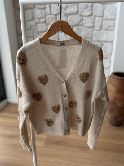 Kalpli Punch İşlemeli Krem Rengi Hırka