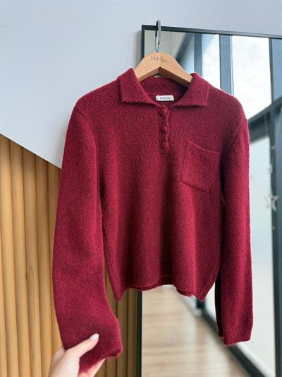 Kaplama Düğme Detaylı Polo Yaka Bordo Kazak