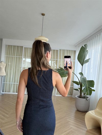 Kare Yaka Denim Elbise