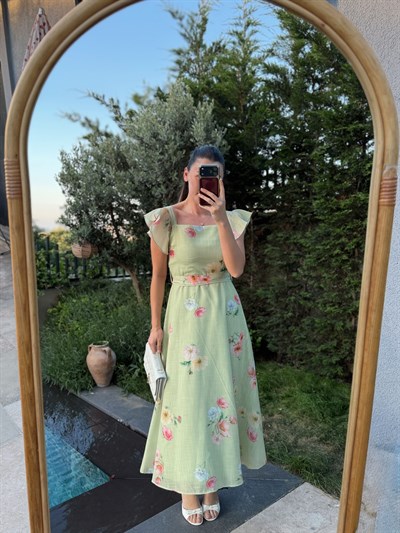Katty Yeşil Floral Desen Elbise