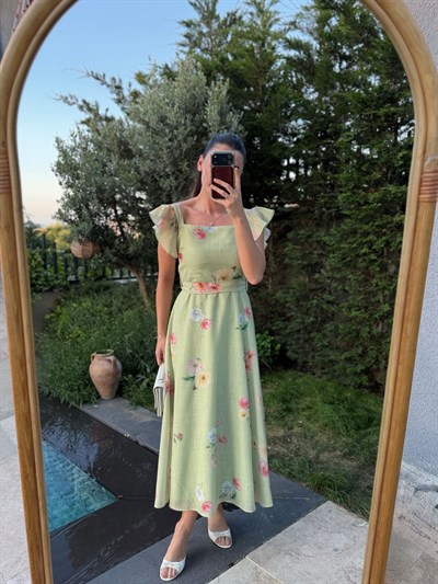 Katty Yeşil Floral Desen Elbise