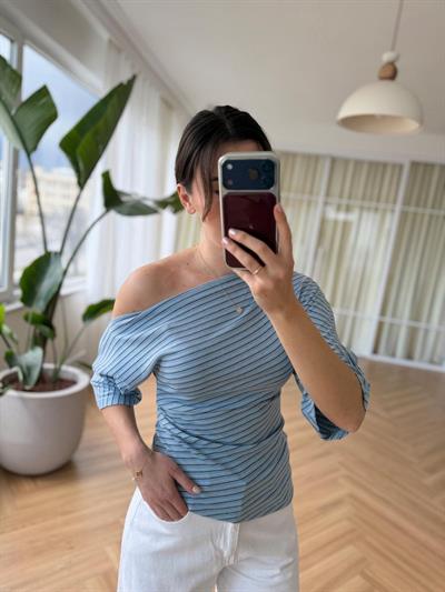 Kayık Yaka Asimetrik Çizgili Mavi Body