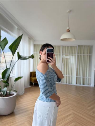 Kayık Yaka Asimetrik Çizgili Mavi Body