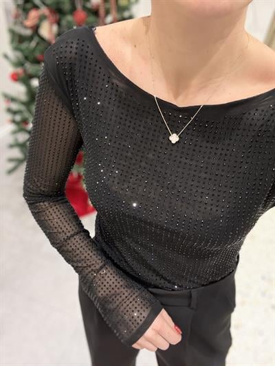 Kayık Yaka Taşlı Tül Bluz