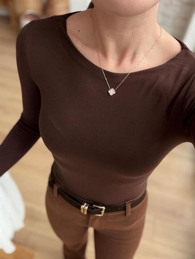 Kayık Yaka Uzun Kol Kahverengi Body