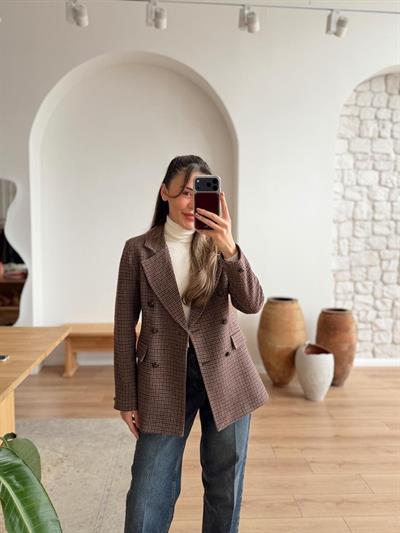 Kazayağı Desenli Bordo-Gri Kaşe Ceket