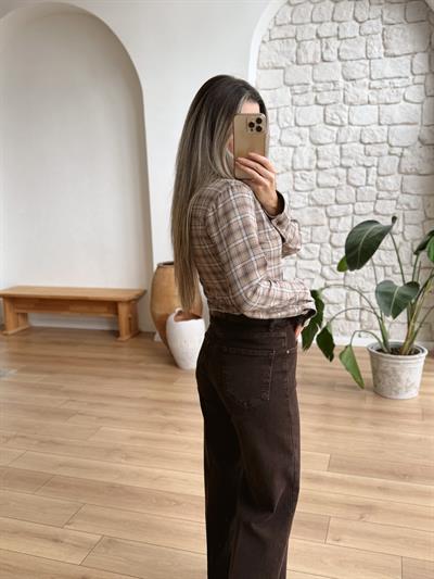 Kemerli Acı Kahve Wide Leg Jean