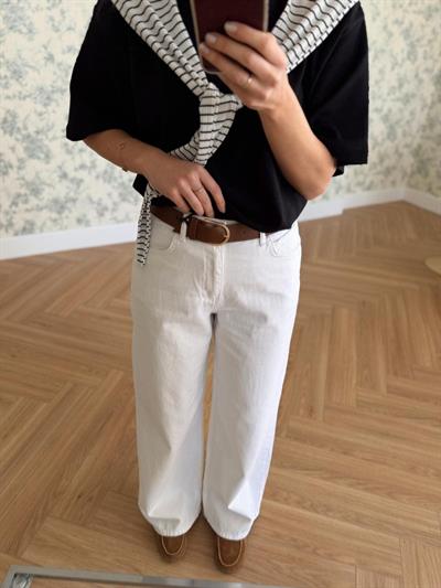 Kemerli Beyaz Wide Leg Jean