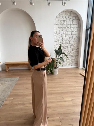 Kemerli Camel Saten Pantolon