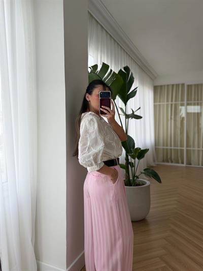 Kemerli Çizgili Pembe Tensel Pantolon