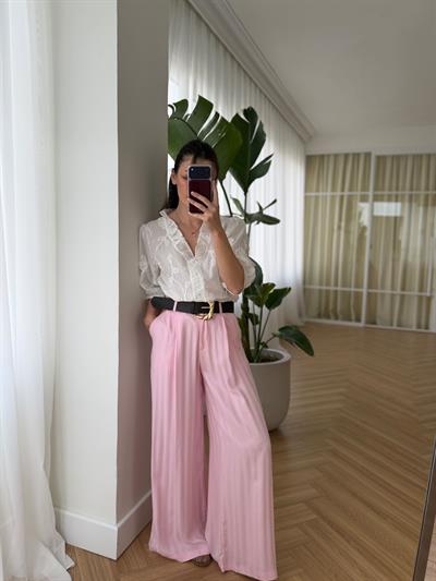 Kemerli Çizgili Pembe Tensel Pantolon