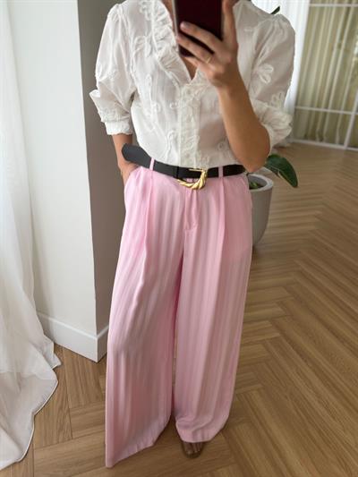Kemerli Çizgili Pembe Tensel Pantolon